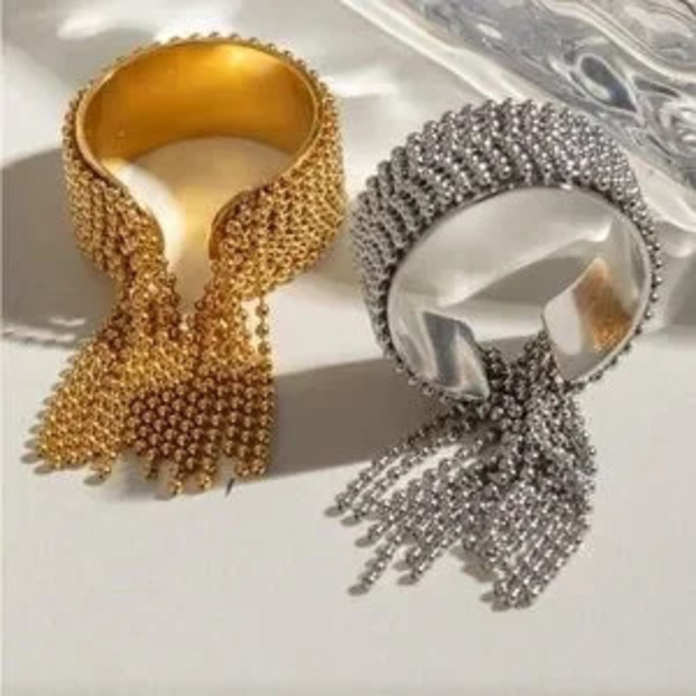 Gold Bead Tassel Ring C Adjustable Stainless Steel, Gift Ready